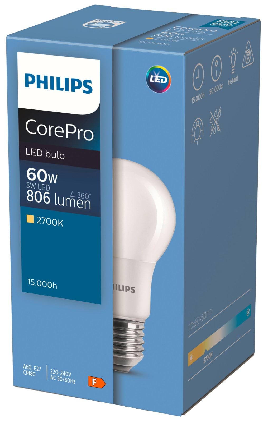 Philips LED Bulb E27 8W/60W CorePro matt 806lm, 2700K