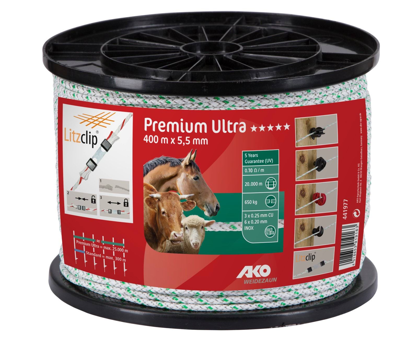 Premium Ultra fencing rope, 400 m, 5,5 mm, white/green