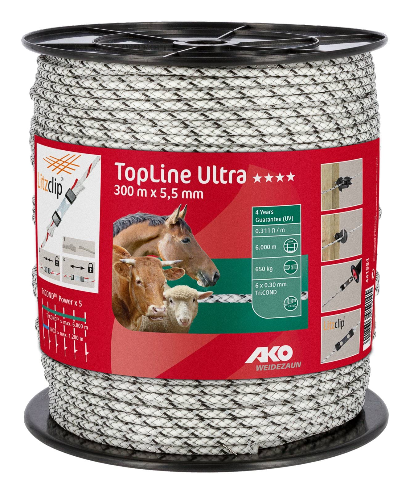 Premium Ultra fencing rope, 300 m, 5,5 mm, white/black