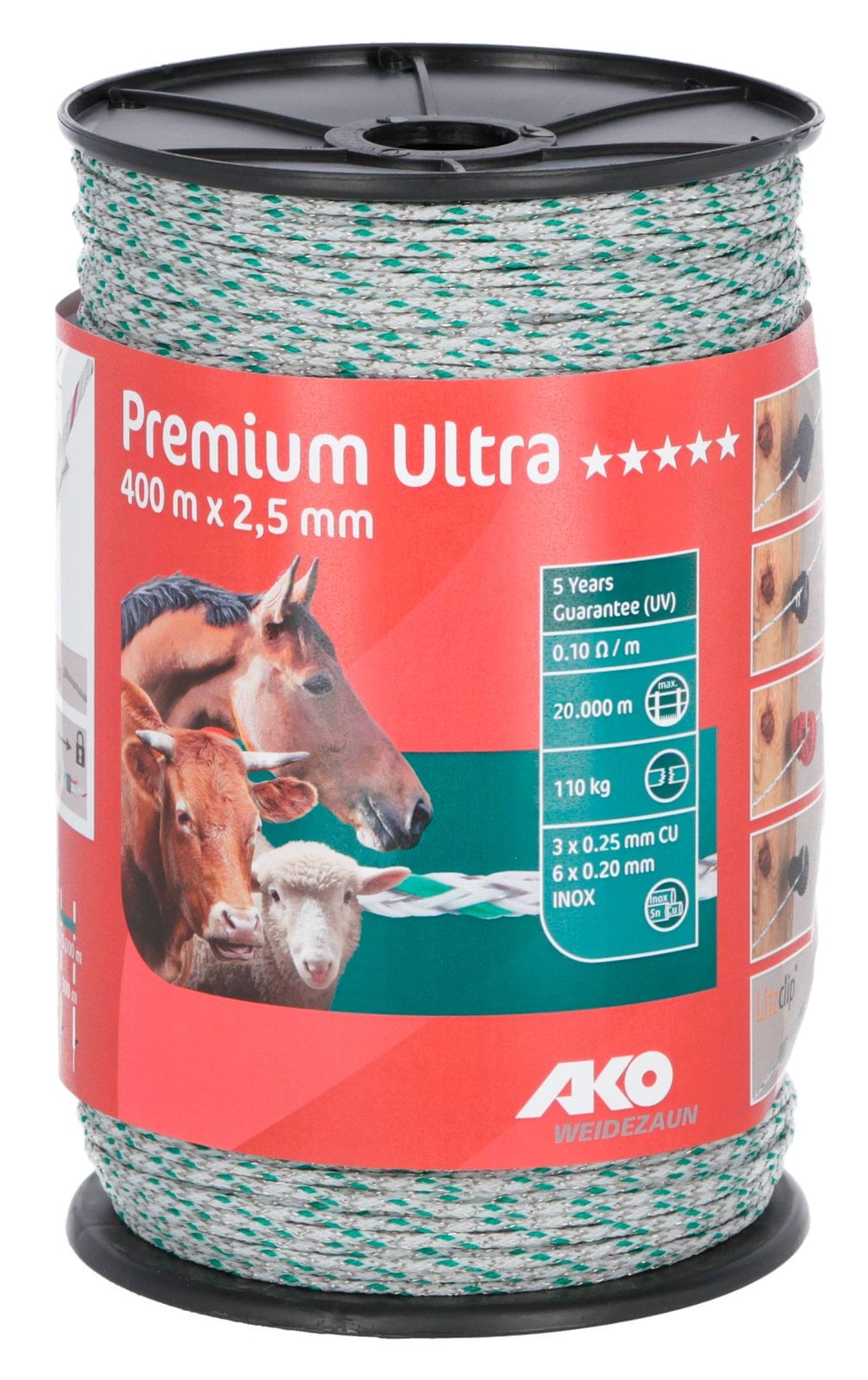 Premium Ultra polywire, 400 m, 2,5 mm, white/green