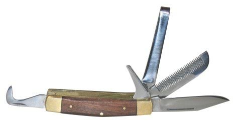 Mulitpurpose knife with 5  diff. blades, woodencolor grip