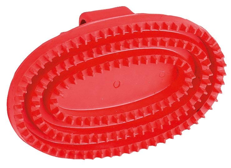 Rubber currycomb Junior, oval, red, with handle, 12 x 8 cm