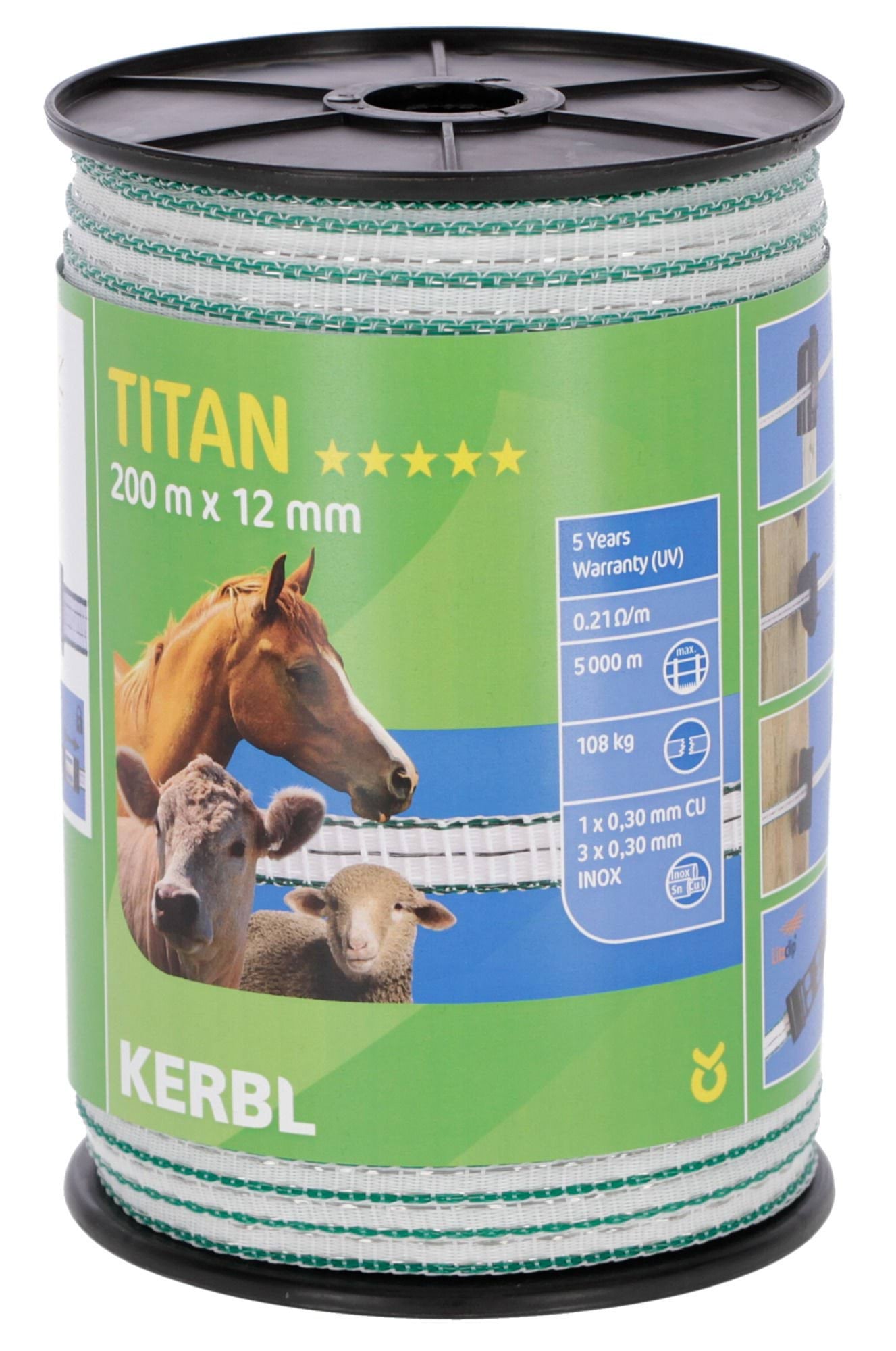Fencing tape TITAN 200 m, 12 mm, white/green