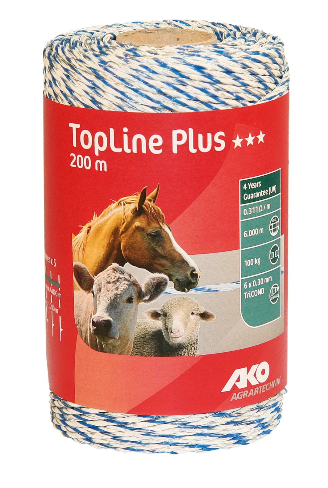 Шнур полипропиленовый для электроограждений TOP LINE PLUS Tricond, 200 м, бело-синий, AKO
