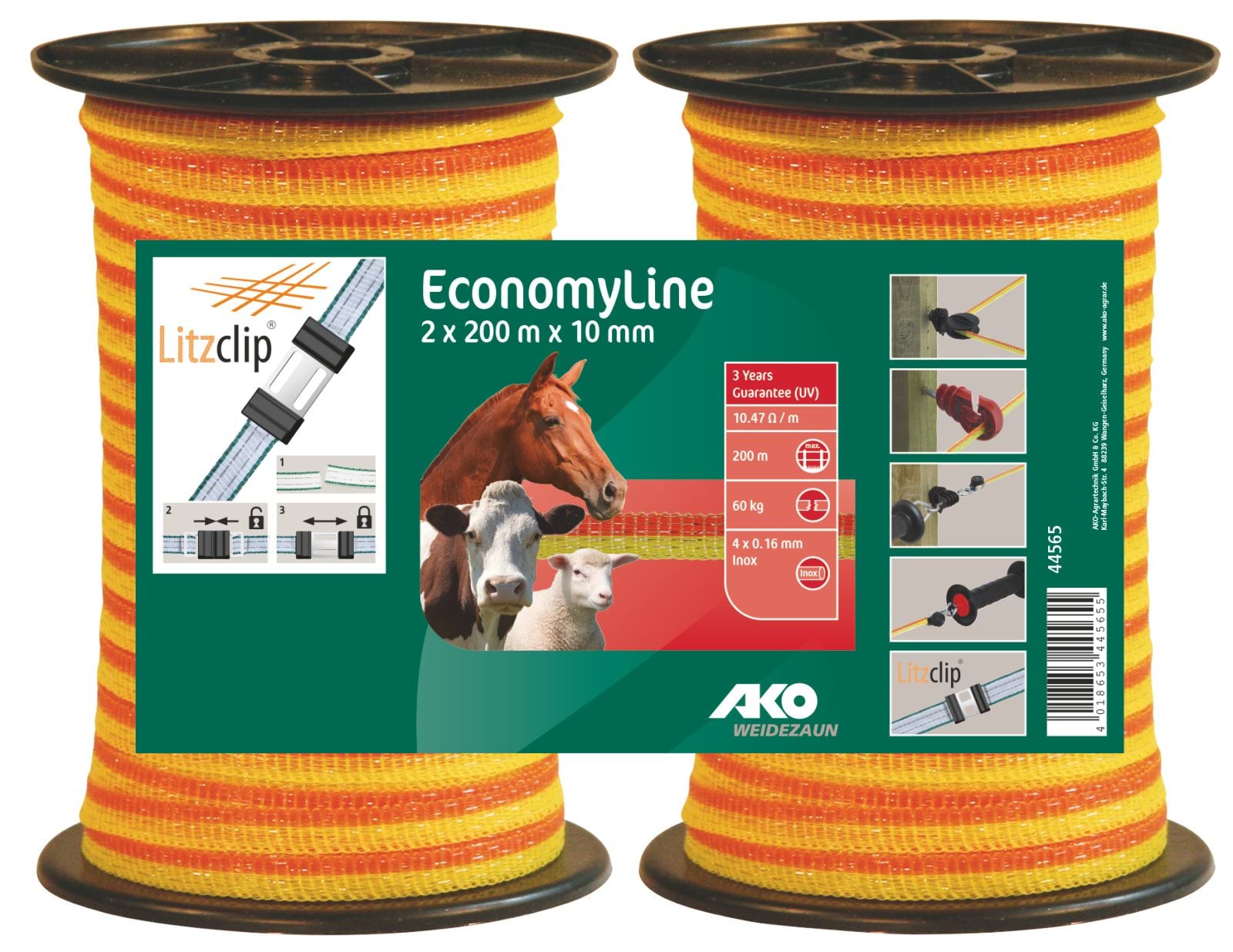 Лента для электроограждений ECONOMY LINE, 2х200 м х 10 мм, желтая, AKO