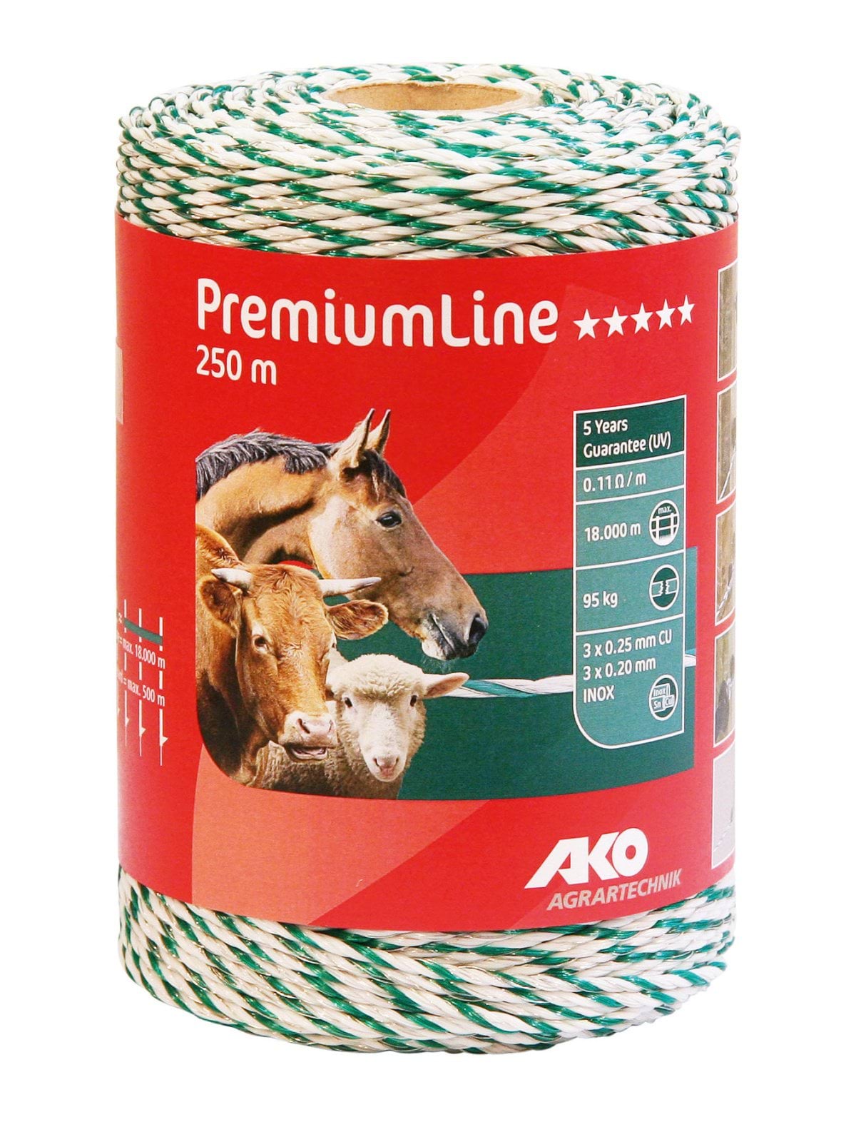 Шнур полипропиленовый для электроограждений PREMIUM LINE, 250 м, бело-зеленый, AKO