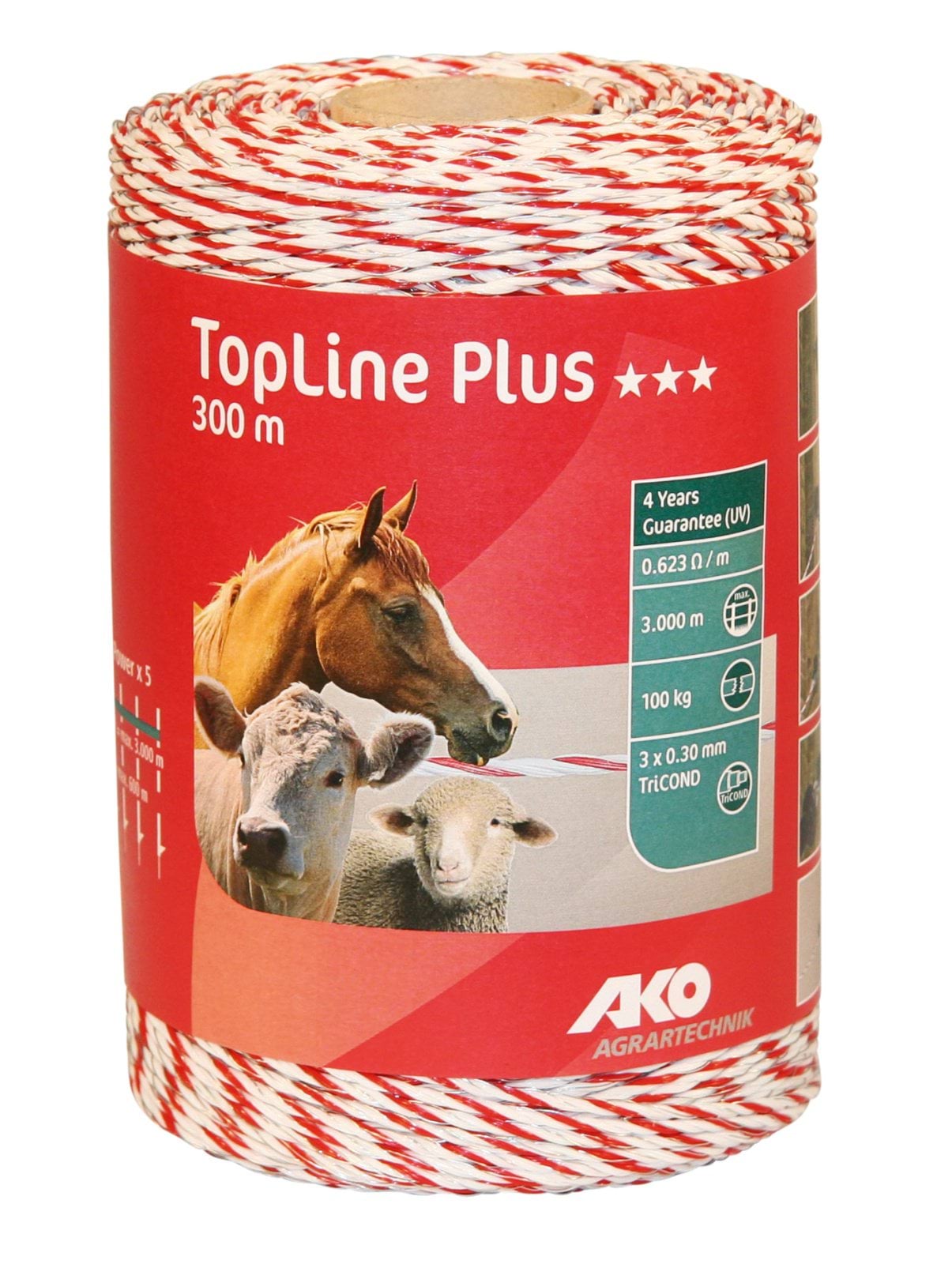 Шнур для электроограждений TopLine Plus, 300 м, бело-красный, АКО