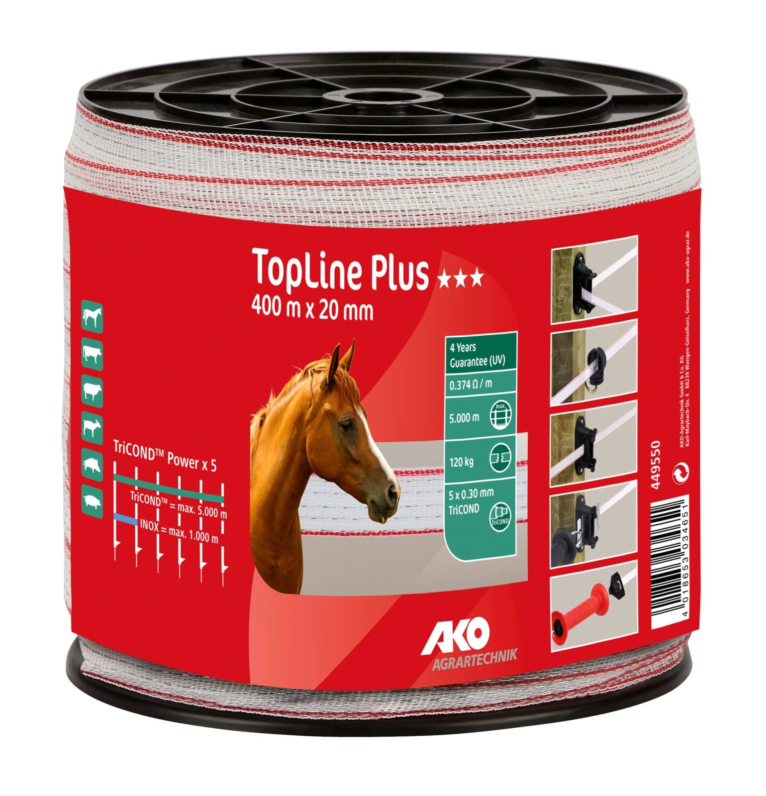 Лента для электроограждений TopLine TriCOND, 400 м х 20 мм,белый-красный, АКО