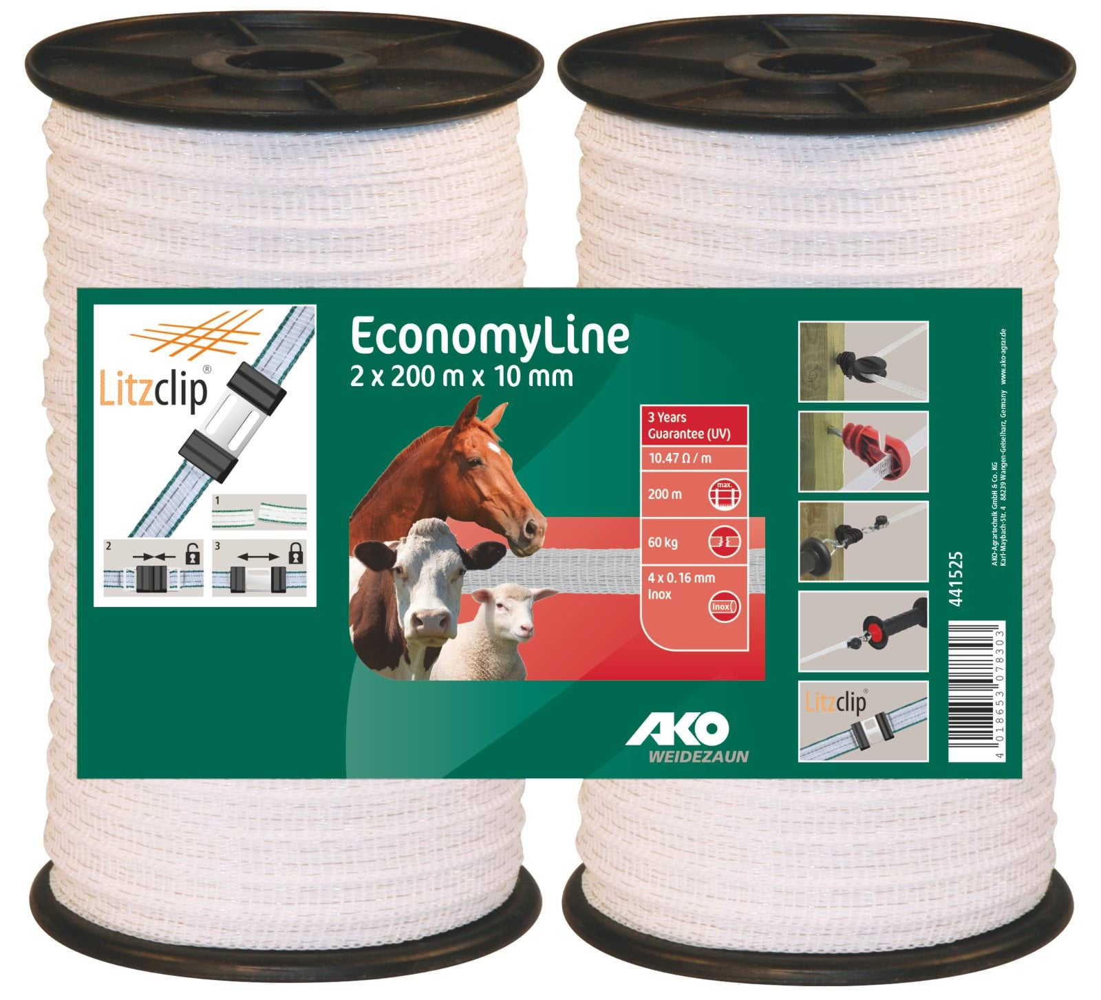 Лента для электроограждений ECONOMY LINE, 2х200 м х 10 мм, белая, AKO