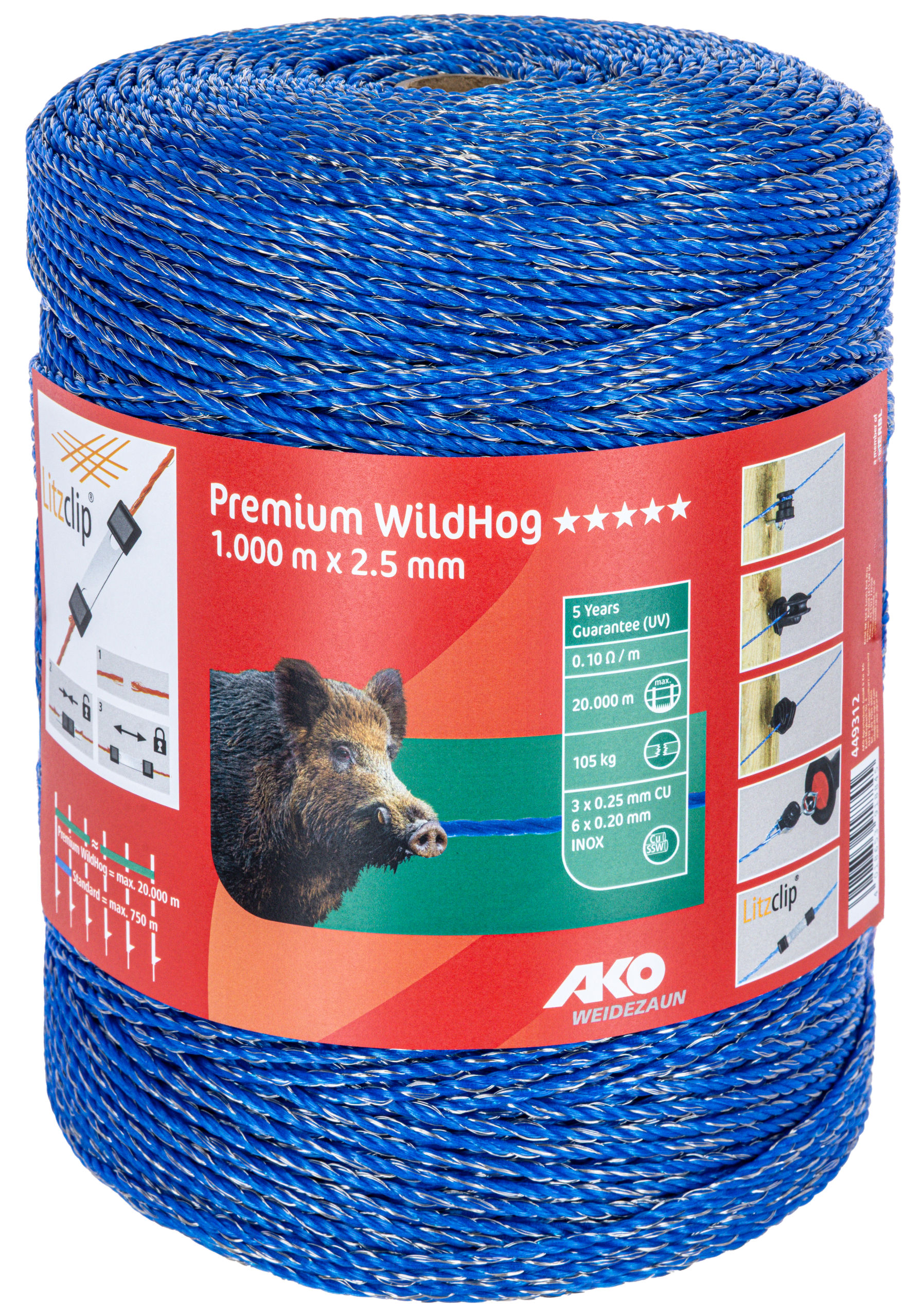 Плетеный забор для диких свиней PREMIUM WILD HOG, 2,5 мм x 1000 м, синий, AKO