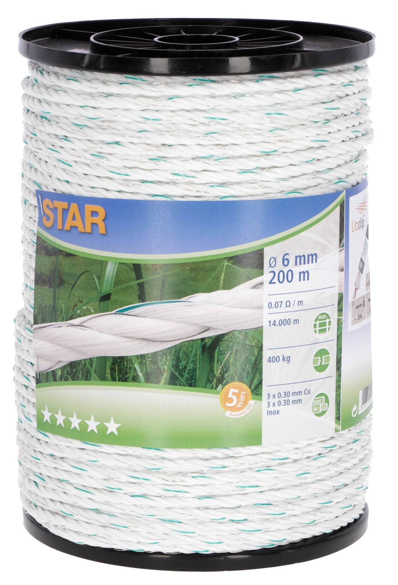 Шнур для електроогорожі STAR, 200 м х 6 мм, біло-зелений, Kerbl