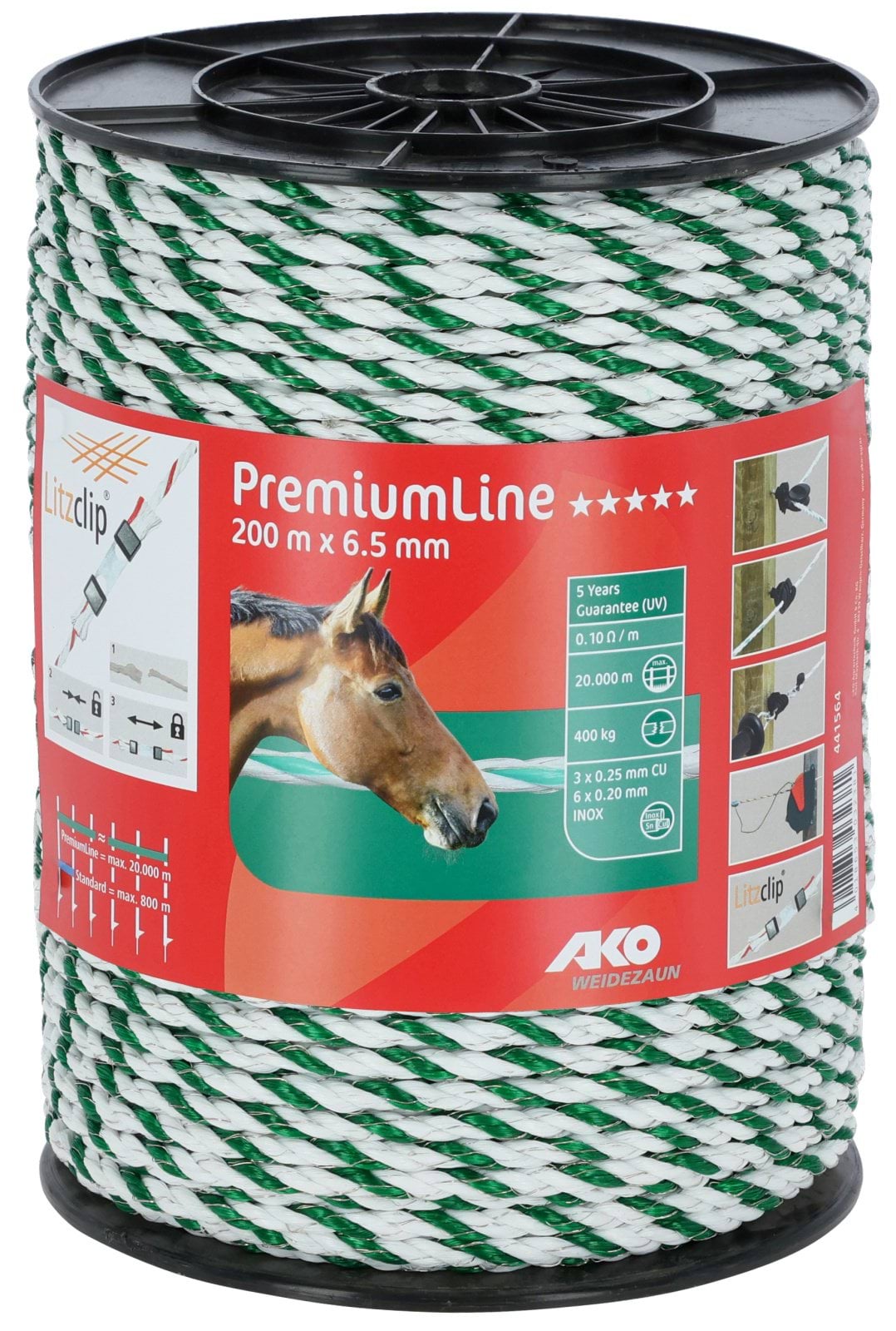Шнур для електроогорожі PLATINUM LINE, 200 м х 6,5 мм, біло-зелений, AKO
