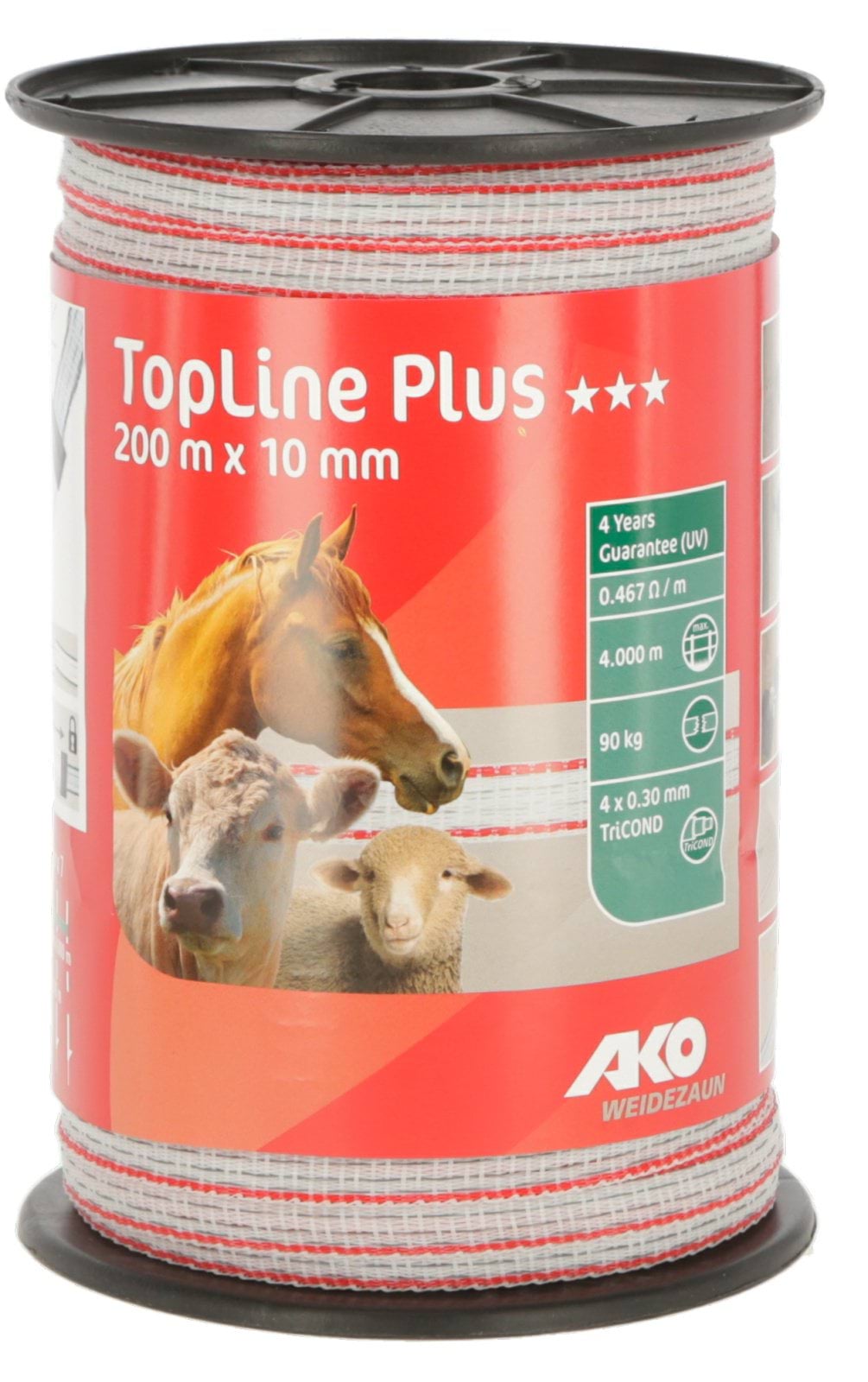 Стрічка для електроогорожі TOP LINE PLUS, 200 м х 10 мм, біло-червона, AKO