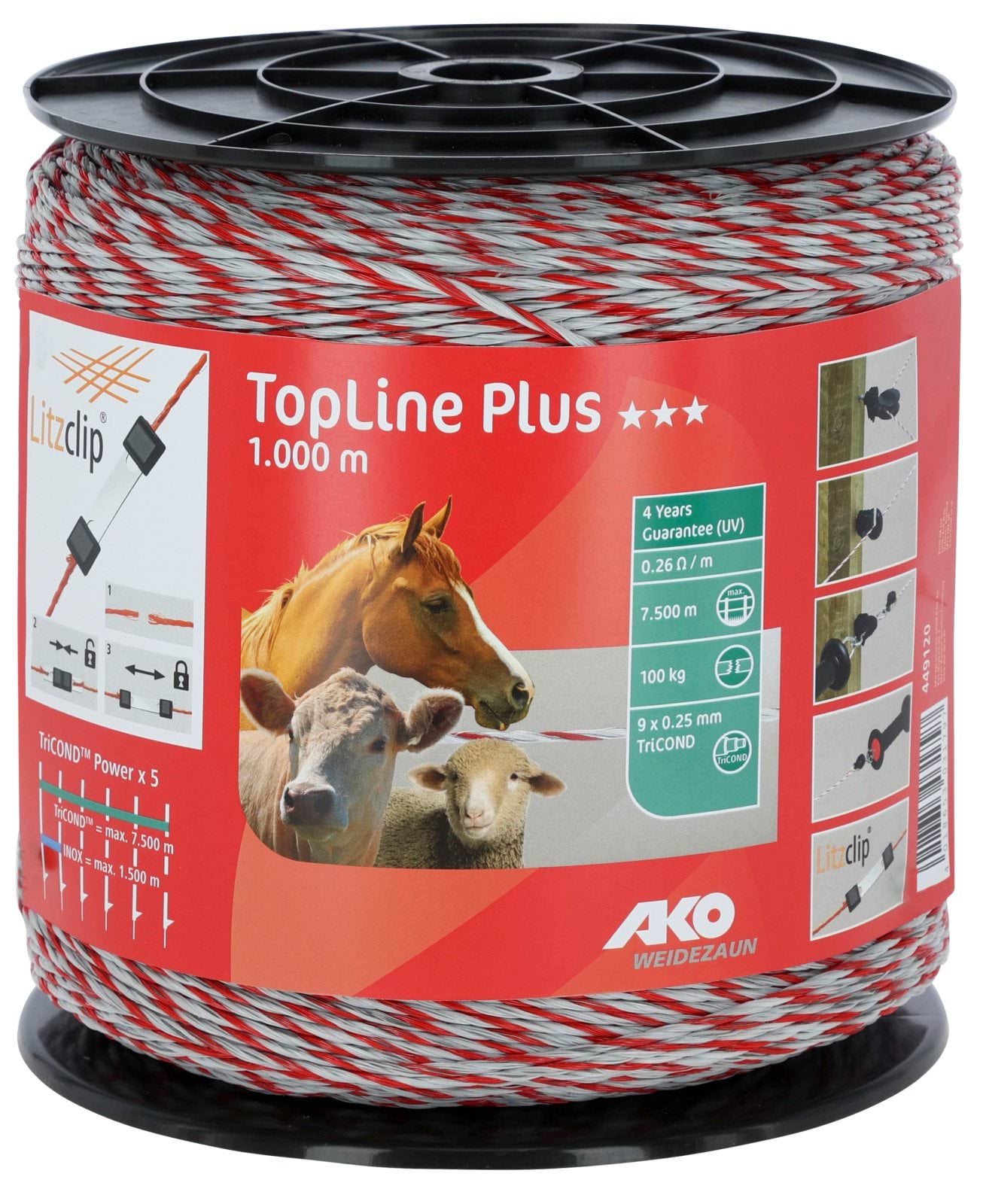 Шнур для електроогорожі TOP LINE PLUS Tricond, поліпропіленовий, 1000 м, біло-червоний, AKO