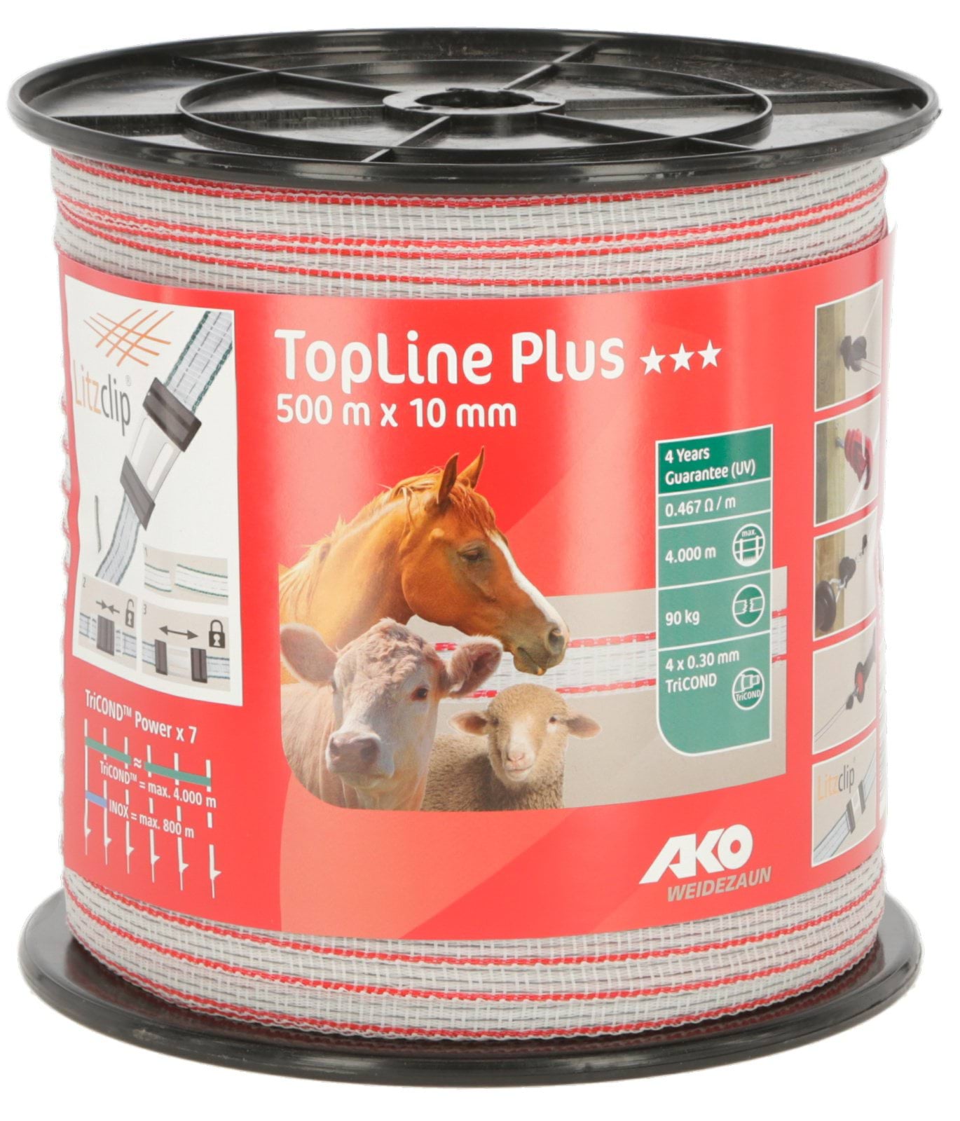Стрічка для електроогорожі TOP LINE PLUS, 500 м х 10 мм, біло-червона, AKO