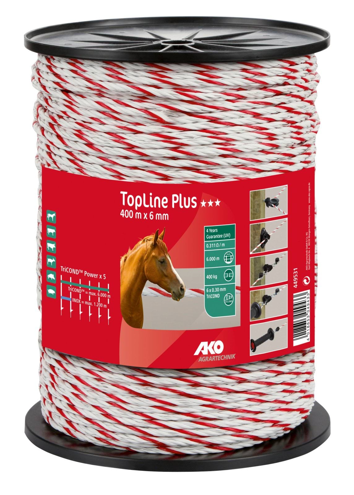 Шнур для електроогорожі TOP LINE PLUS Tricond, 400 м х 6 мм, біло-червоний, AKO