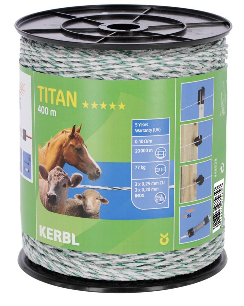 Шнур для електроогорож TITAN, 400 м x 2,2 м, біло-зелений, Kerbl