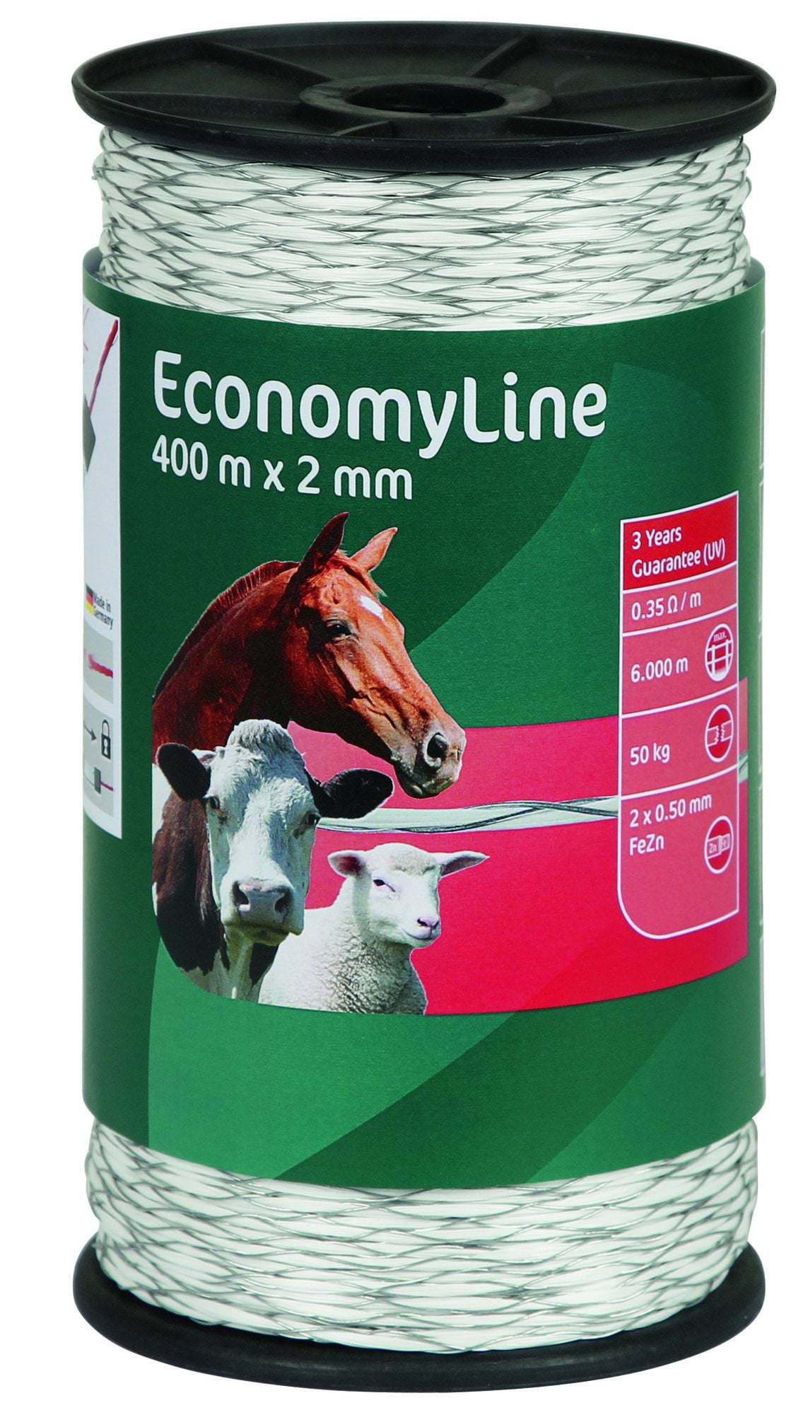 Шнур для електроогорож EconomyLine, 400 м х 2 мм, білий, АКО
