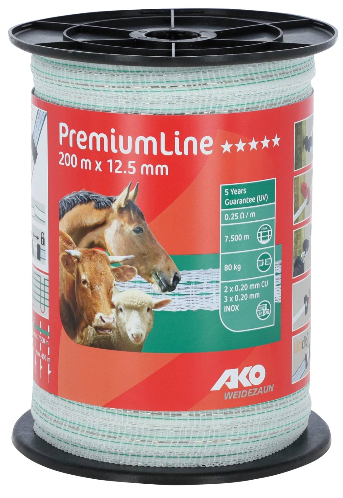 Стрічка для електроогорожі PLATINUM LINE, 200 м х 12,5 мм, біло-зелена, AKO