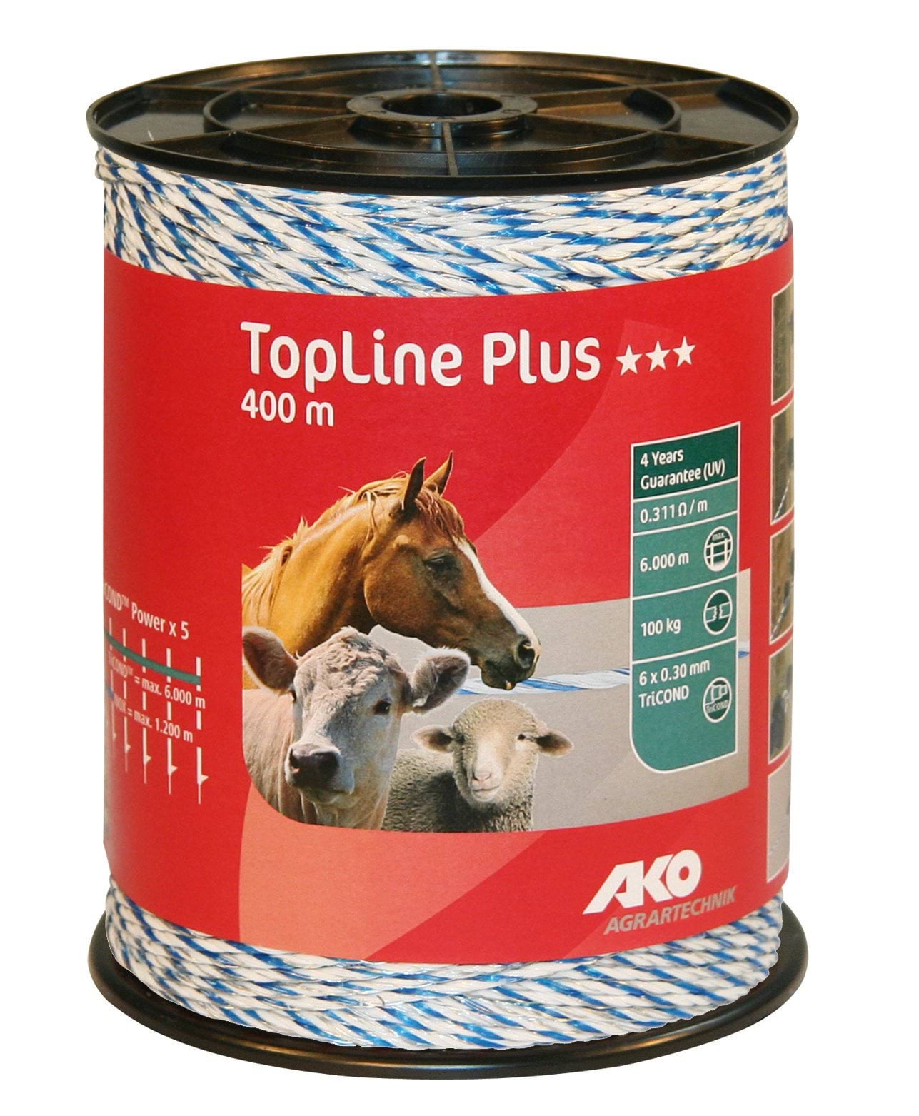 Шнур для електроогорожі TOP LINE PLUS Tricond, поліпропіленовий, 400 м, біло-синій, AKO