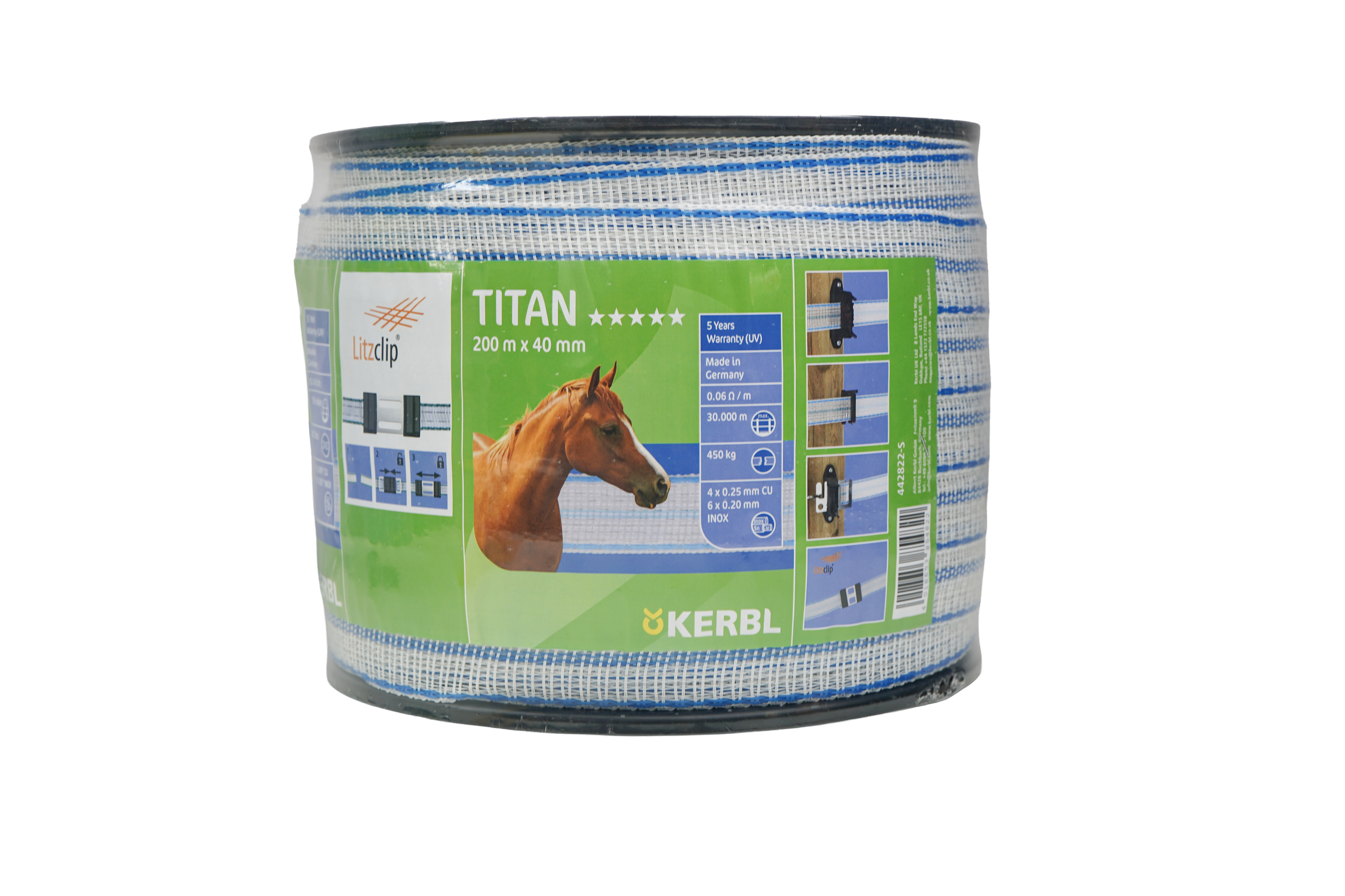 Стрічка для огорожі TITAN 40 мм x 200 м, біло-синя, Kerbl