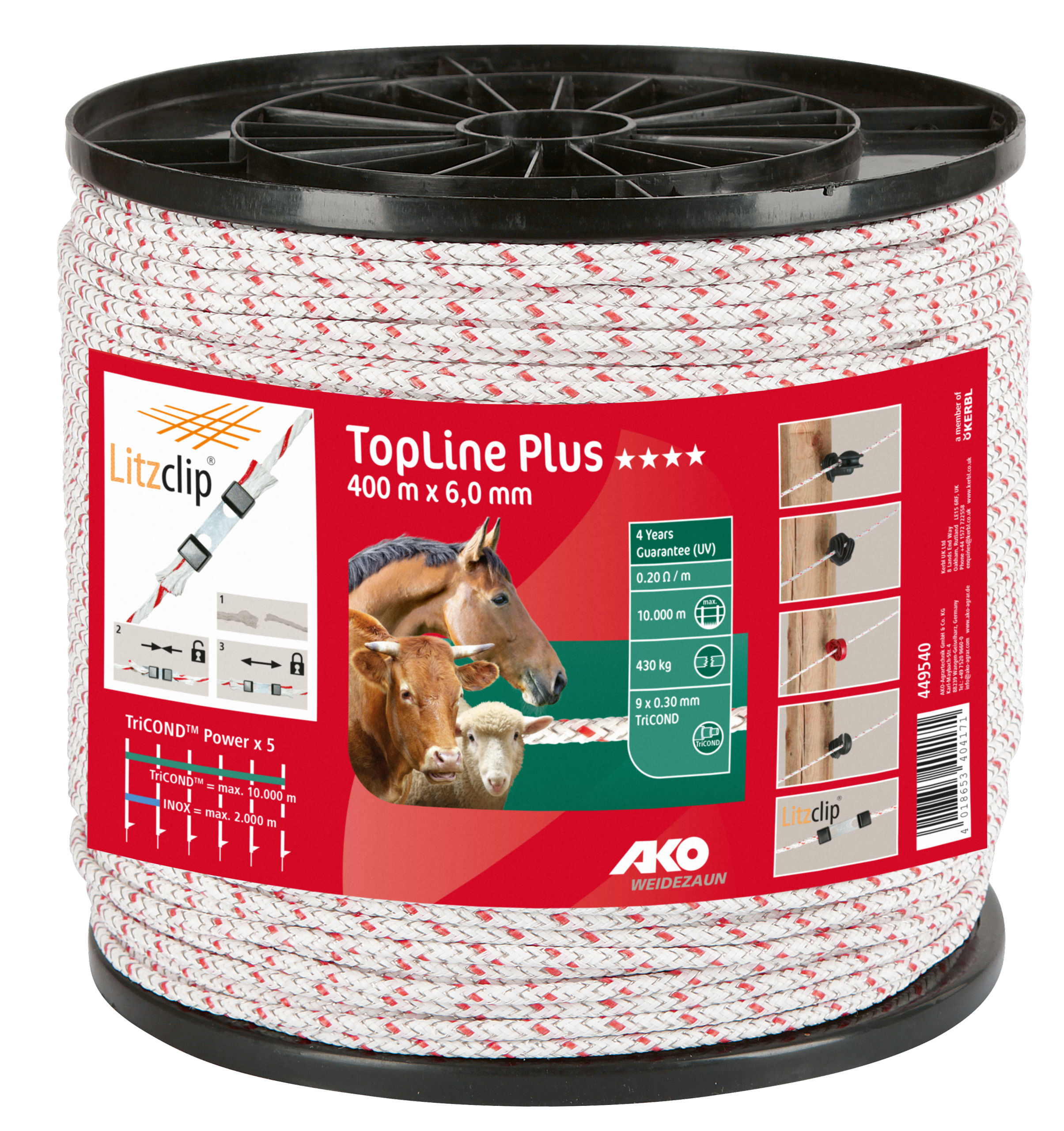 Лінія огорожі TopLine Plus, 6 мм x 400 м, біло-червона, AKO